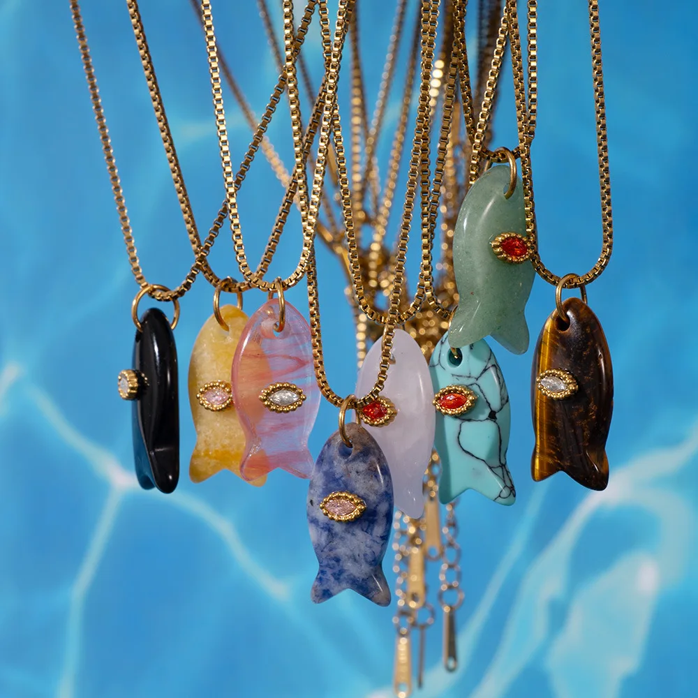 

Bohemia Creative Multicolour Natural Stone Fish Necklace Gold Plated Stainless Steel Clavicle Chain New Arrivals Trend Jewelry
