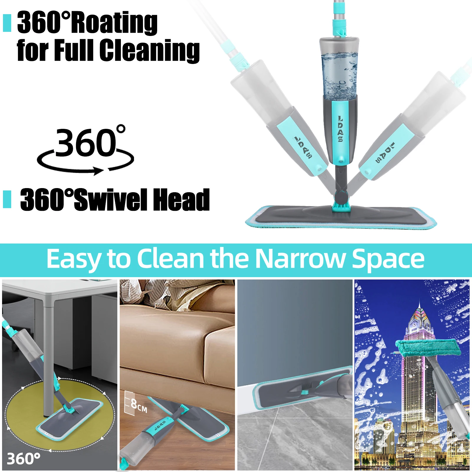 DARIS Spray Mop for Floor and Window Cleaning, 500ml Bottle, 2+2 Microfiber Mop Pads, Scraper, Mop Clip, Wet and Dry Use