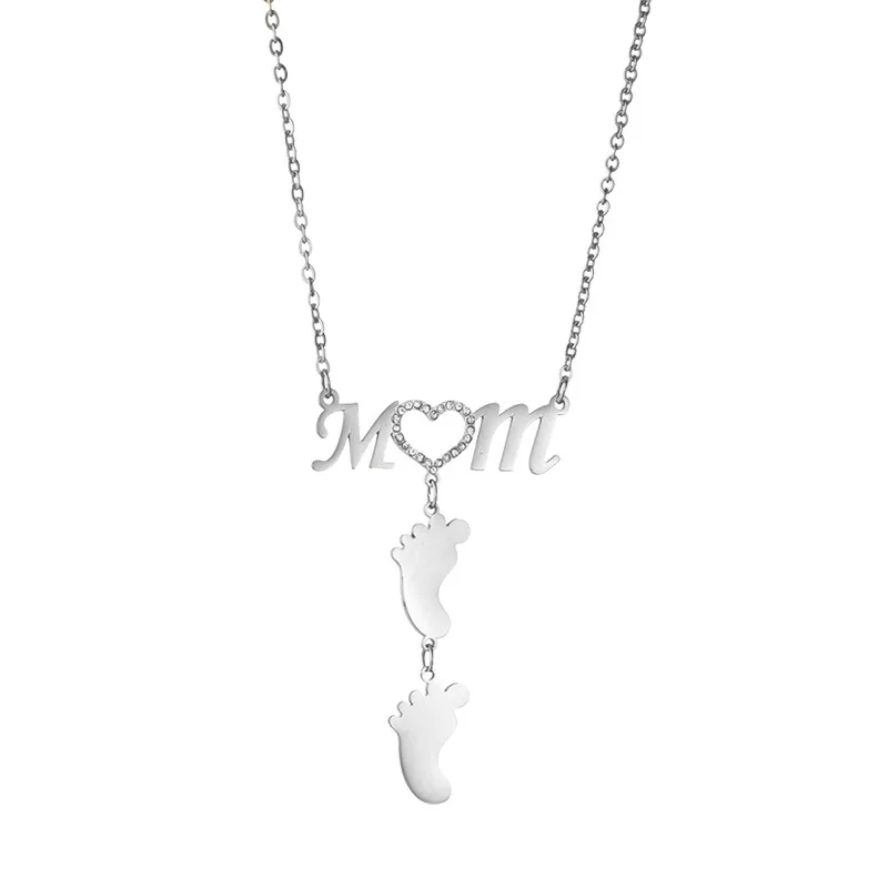 Engraved Baby Name Date On Footprint Stainless Steel Mom Necklace for Women Customized Heart Foot Jewelry Kids Gift