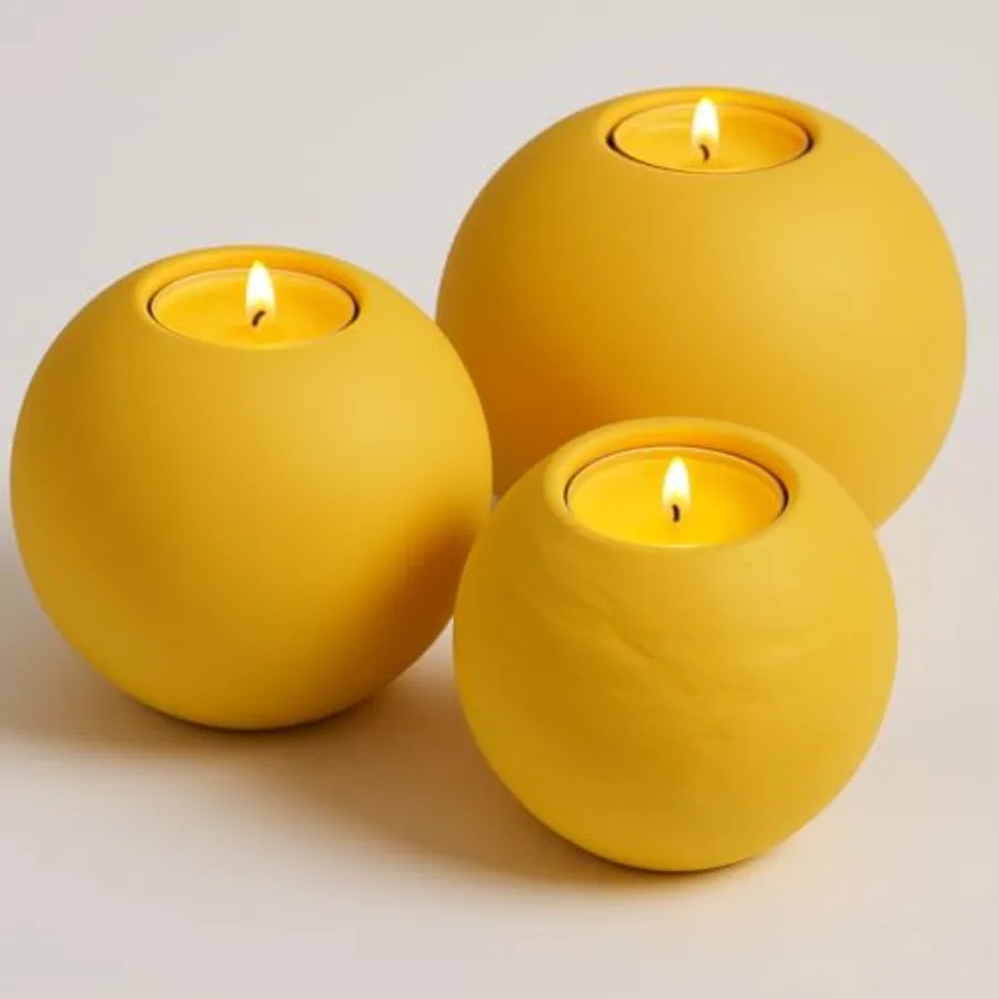 Concrete Sphere Tea Light Holder - Minimalist Centerpiece - Candle Holder - Modern Interior Design Marigold Yellow, Set of 3 Si