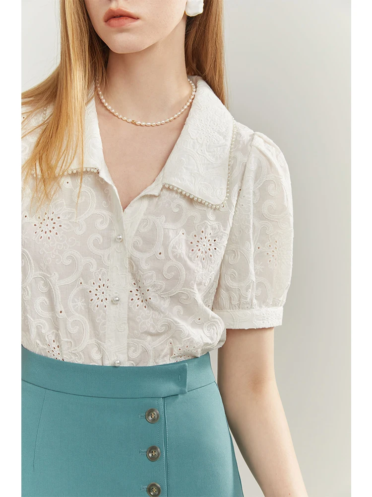 FSLE Summer 2022 New Retro Cotton Women Shirts Temperament Embroidered White Design Sense Casual All-match Female Tops