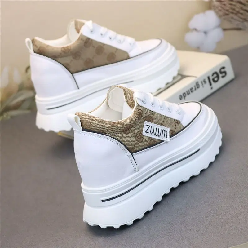 Colorblock Small Height Women Versatile Casual and Lightweight Sneakers Super High Heel Comfortable round Toe White Shoes