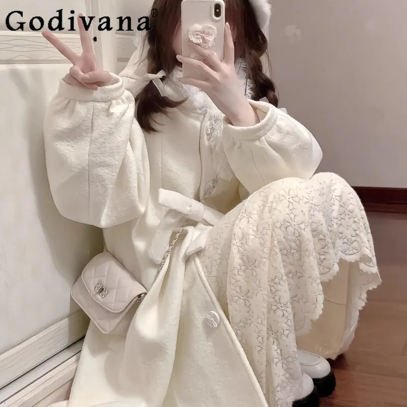 

Winter White Fluffy Coat for Women Japanese Style Loose Hooded Woolen Jacket Female Autumn Princess Sweet Cute Wool Coat