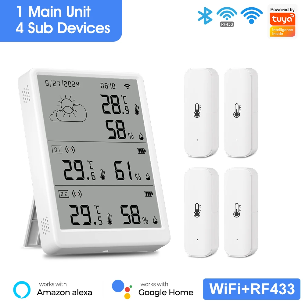 محطة الطقس RF433 ميزان حرارة الغرفة الداخلي اللاسلكي الرقمي واي فاي درجة الحرارة الرطوبة أجهزة استشعار خارجية متعددة الحياة الذكية