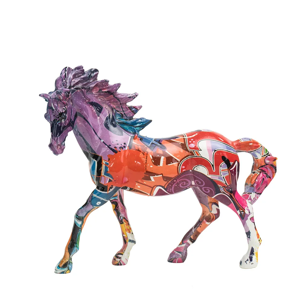 

American Style Graffiti Horse Statue, Creative Animal Resin Sculpture for Office Desk, Home Study Decor, Art Craft Ornament