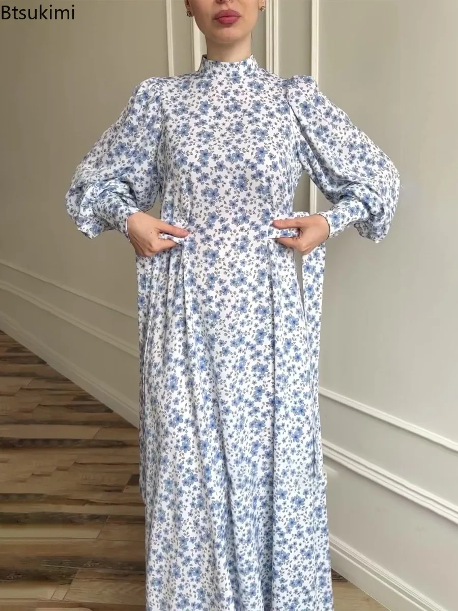 春のファッション スリム 花柄プリント マキシ丈ワンピース レディース エレガント レースアップ モックカラー 長袖 サテンワンピース パーティー ローブ ドレス