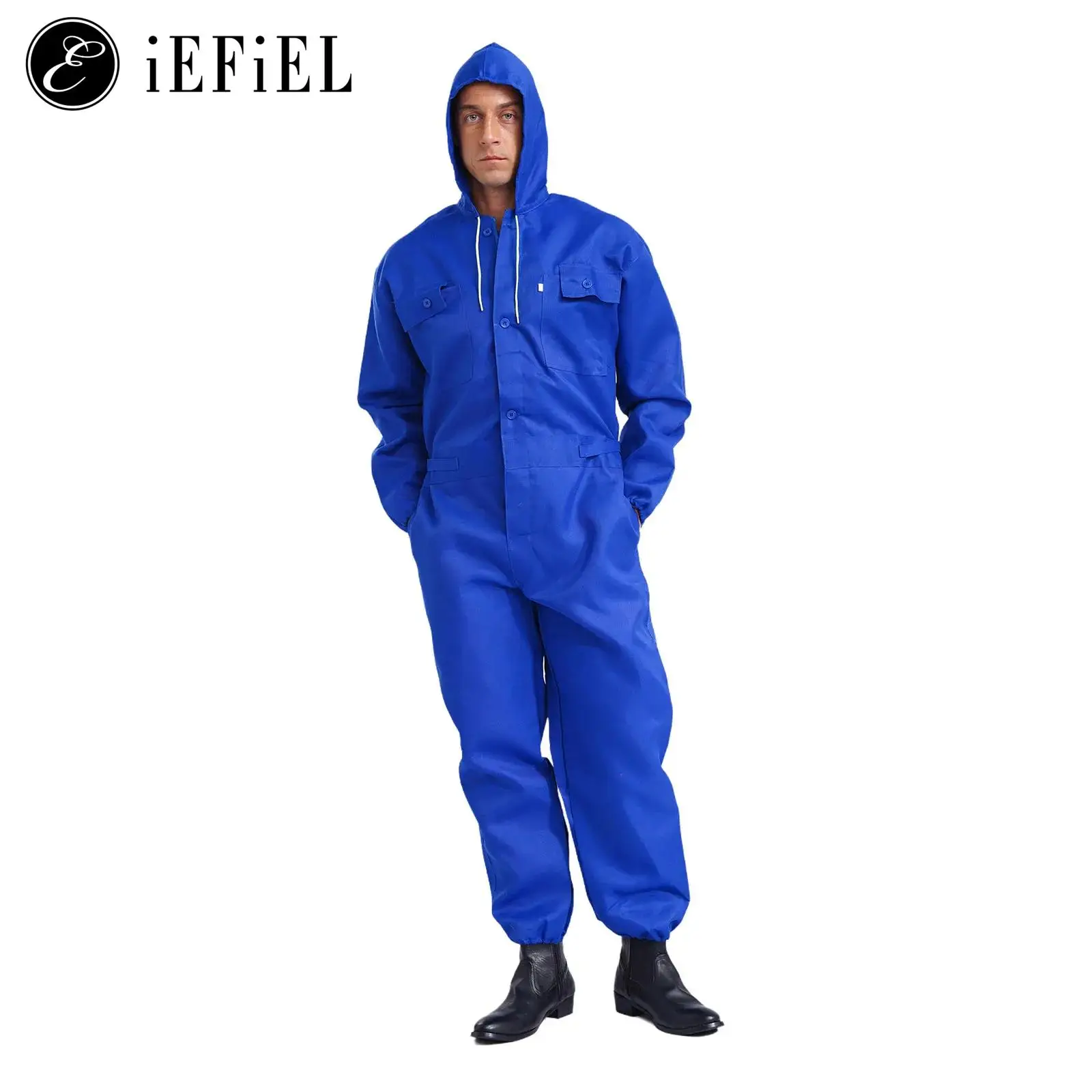 

Men Solid Color Hooded Drawstring One Piece Overall Jumpsuits with Pocket Mechanic Work Uniform Full Length Hoodie Lab Coveralls