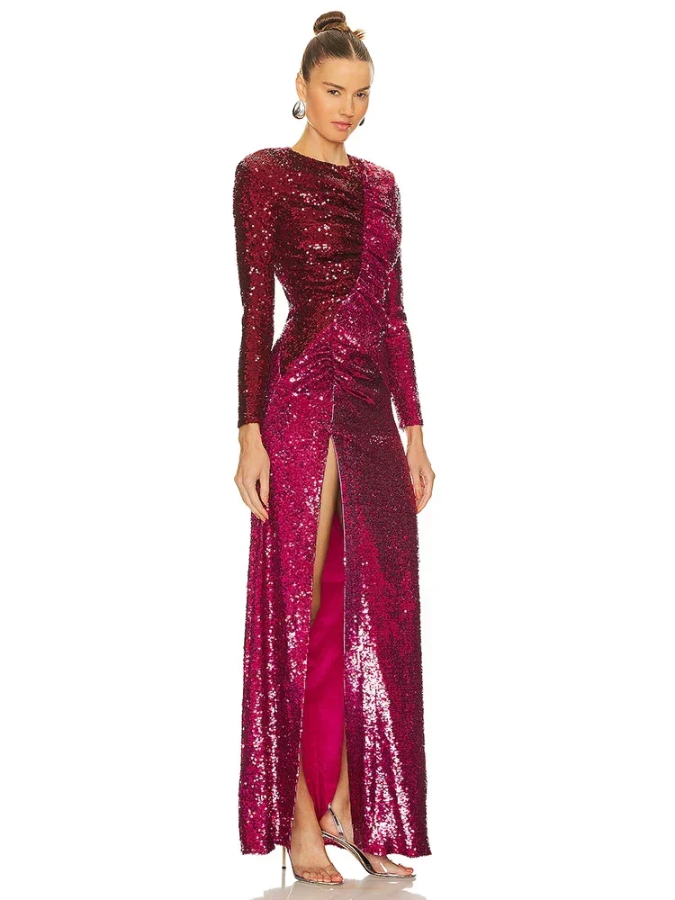 

Sexy Long Sleeves Ruched Sequined Maxi Dress Women Patchwork Color Sequins Folds Split Long Dress Elegant Celebrity Party Gowns