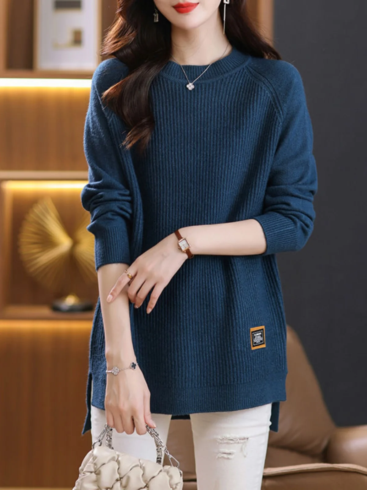 

Mid-Length Women's Knitted Sweater Base Layer Long Sve round Ne Casual Sle Color Commute Faion Loose Fit