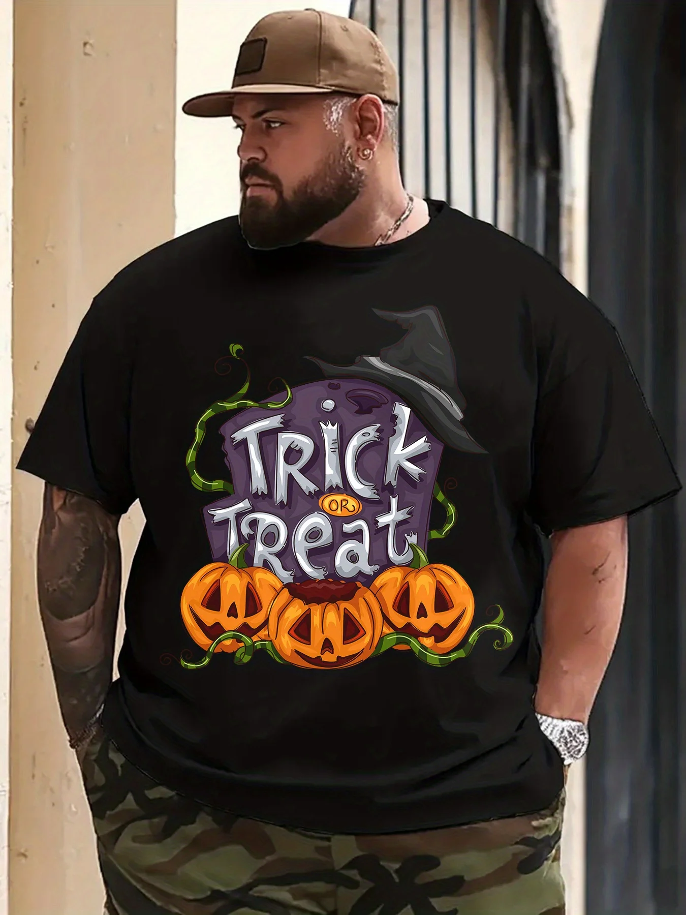 TRI OR TREAT Thema T-shirt - Katoenen T-shirt met pompoenlantaarn-heksenhoedprint (voor zowel mannen als vrouwen) - Ideaal voor feestelijke outfits