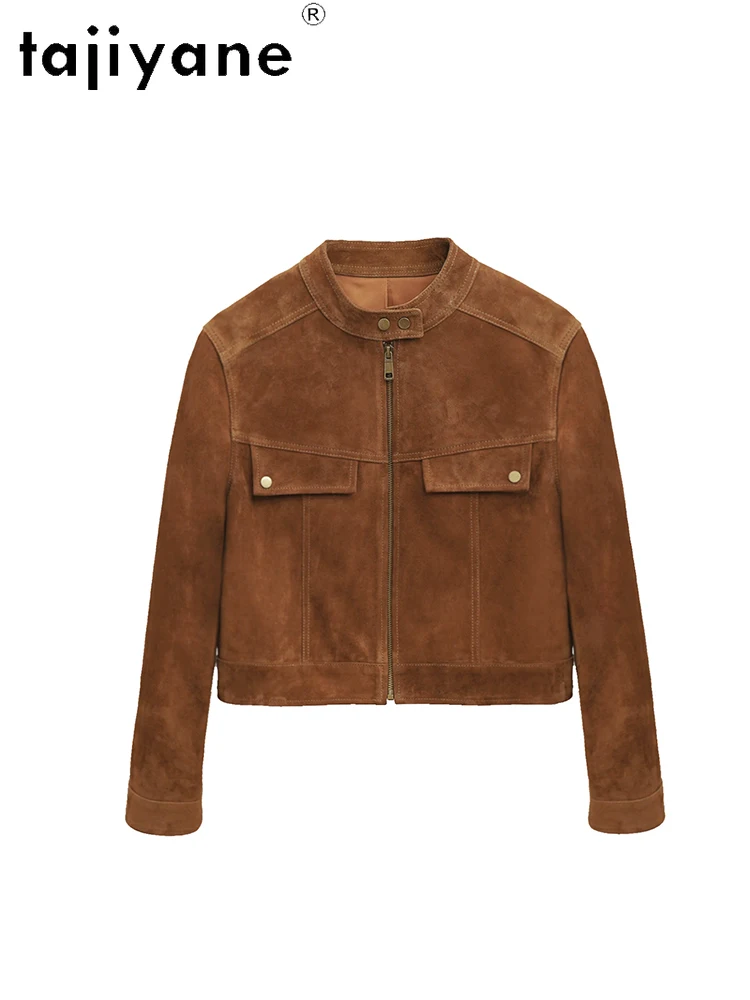 سترة من جلد الغنم الحقيقي من TAJIYANE معاطف نسائية أنيقة قصيرة من الجلد الطبيعي ملابس خارجية مميزة لخريف 2025 ملابس حريمي Frauengadı자켓