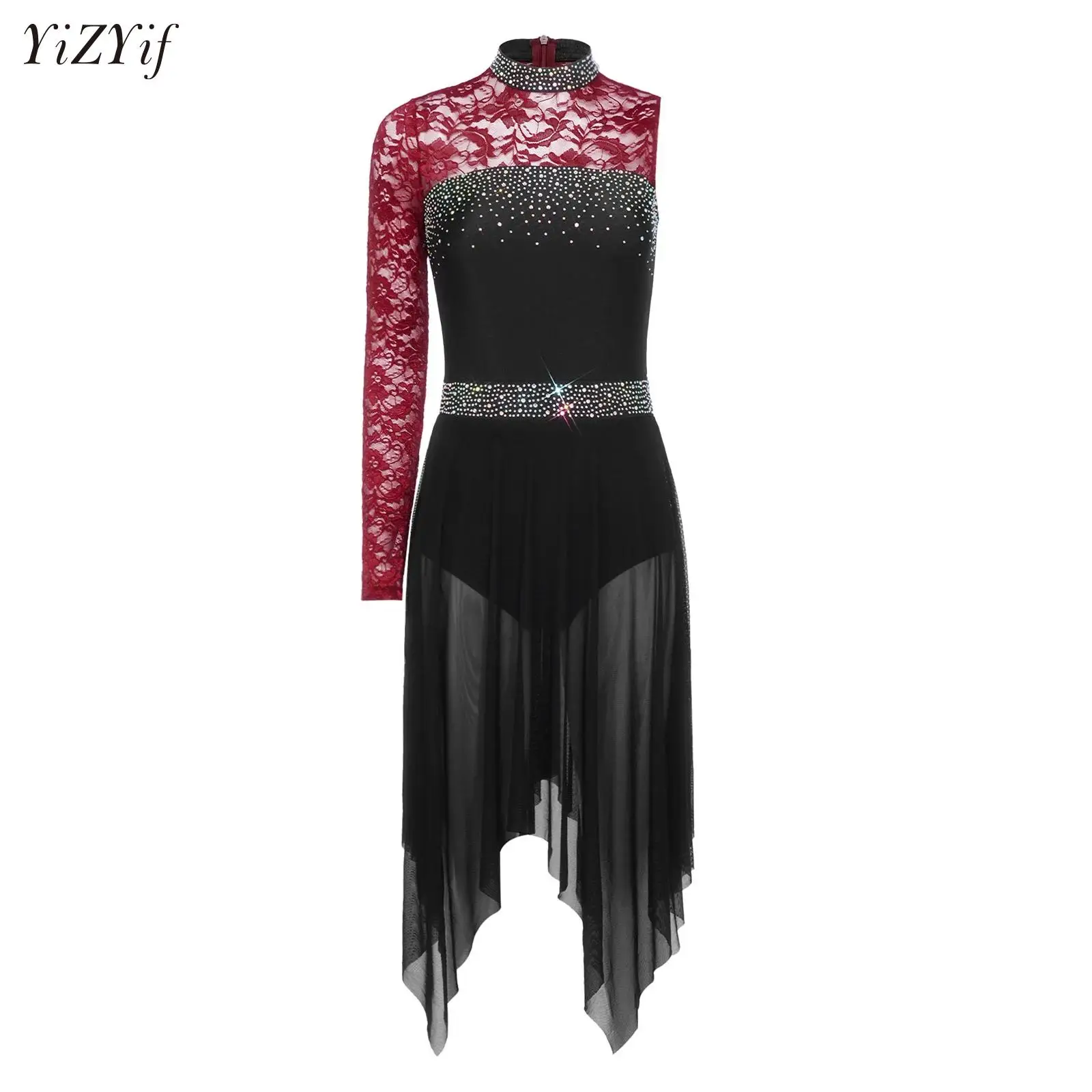 

Womens Rhinestones Lyrical Dance Leotard Dress Modern Dance Dress Asymmetrical Ballet Gymnastics Figure Skating Skirted Bodysuit