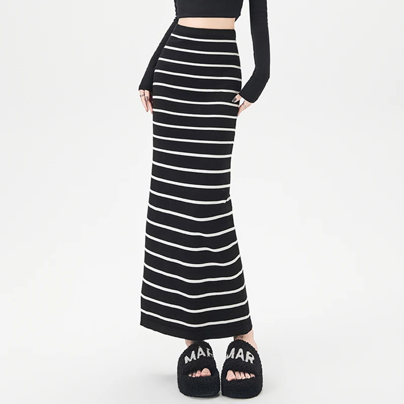 

Повседневные юбки в полоску с запахом на бедрах для женщин, осенняя мода, женские трикотажные длинные юбки с высокой талией, женская уличная эластичная макси-юбка