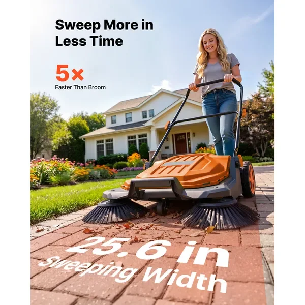 Walk-Behind Hand Push Floor Sweeper, Manual Floor Sweeper Non-Electric with 25.6' Sweeping Width, 5 Gallons Waste Container & Ad