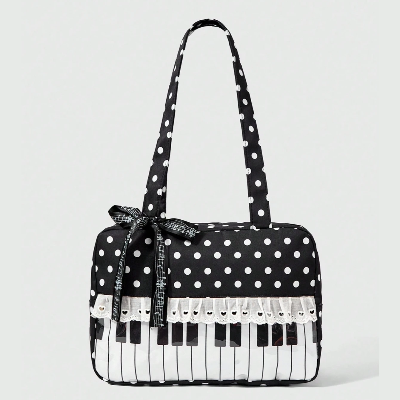 

Cute Sweet Bow Heart Lace Polka Dot Pop Art Tote Bag, 2nd Gen Transparent Shoulder Bag with Music Note Badge & Doll Display, for