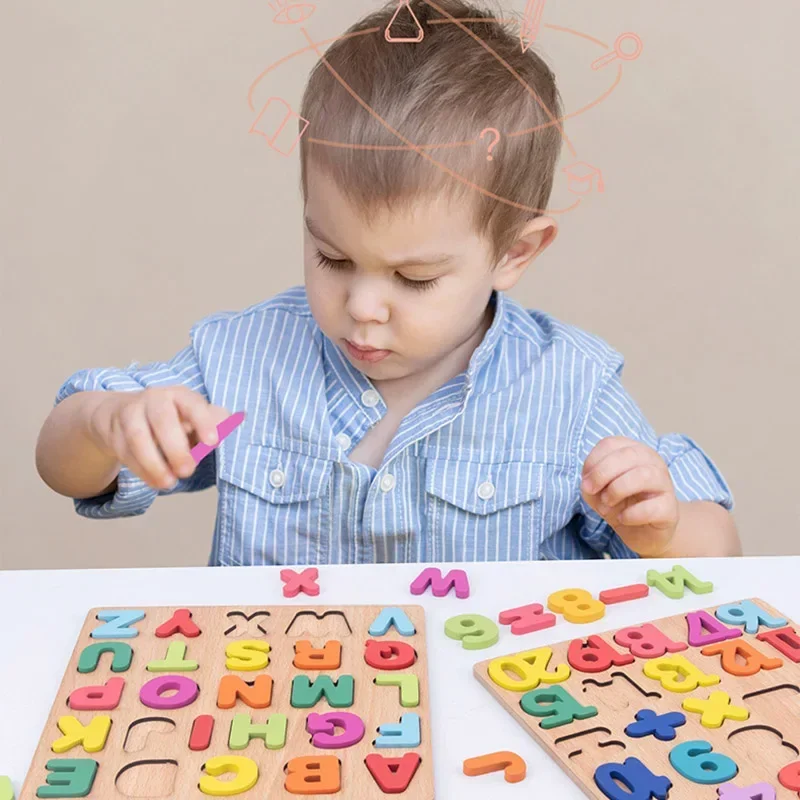Montessori Children's 3D Wooden Puzzle Alphabet Number Shapes Puzzle Preschool Early Education Toys Matching Board Game Gifts