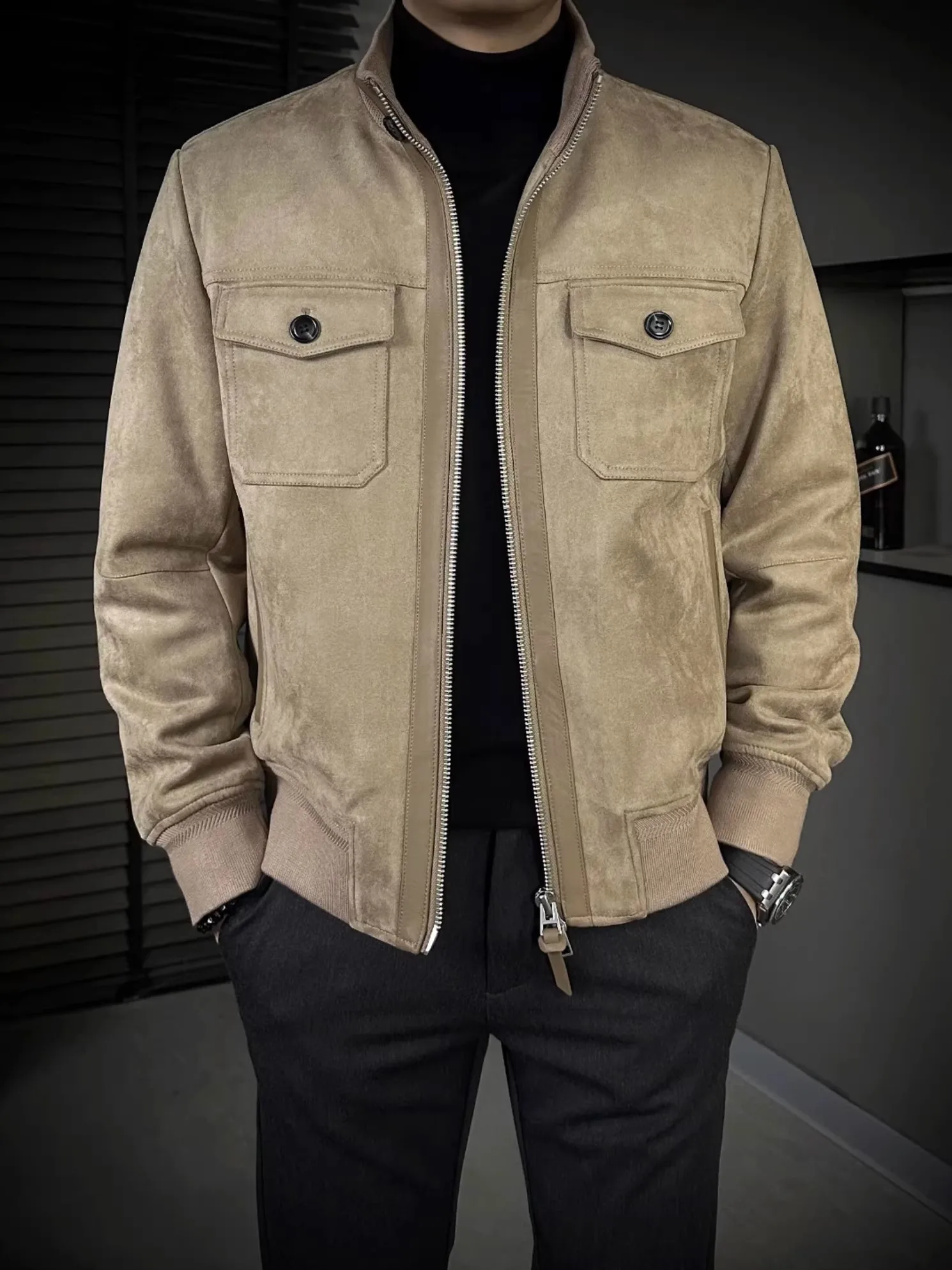 

Мужское осенне-зимнее новое кожаное бархатное джинсовое пальто с воротником-стойкой, универсальное пальто Sli, молодежное теплое пальто на молнии