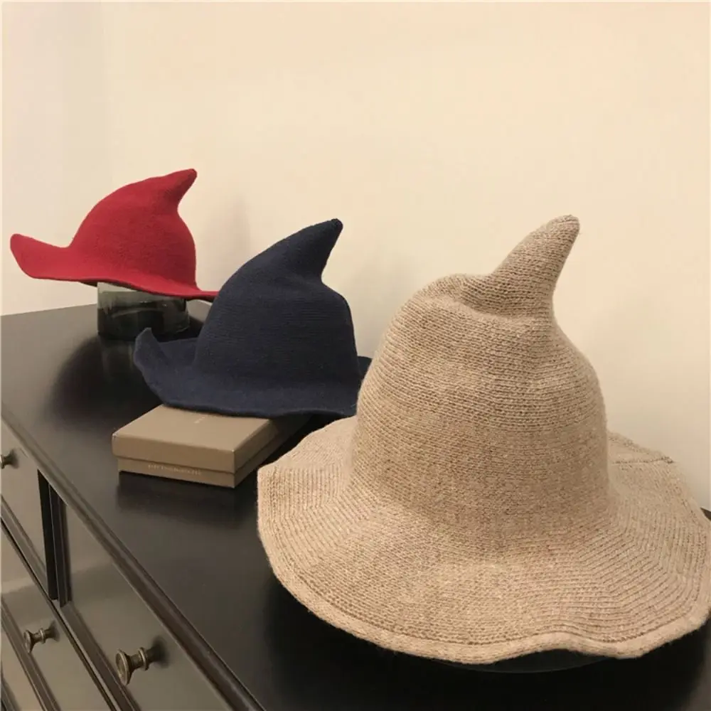 

Casual Wool Witch Hat Solid Color Korean Wool Bucket Hat Basin Hat Knitting Halloween Hat Coseplay Costume
