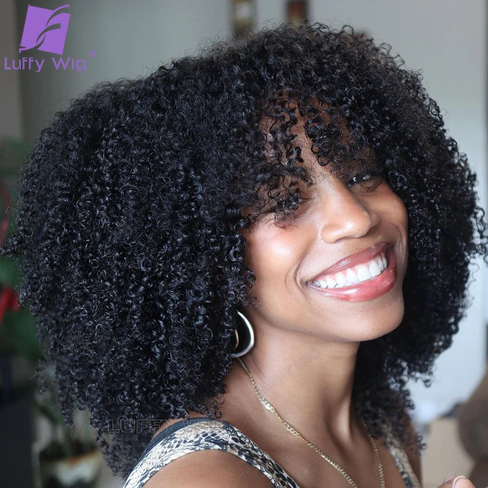 

Afro Kinky Curly Human Hair Wig with Bangs Full Machine Made Scalp Top Wig Glueless Remy Brazilian Afro Curly Bob Wigs for Women