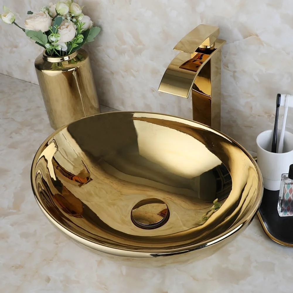 Gold Bathroom Vessel Sinks With Faucet And Drain Oval Ceramic Bowl Sinks For Bathrooms Above Counter Oval Bathroom Basin Sinks