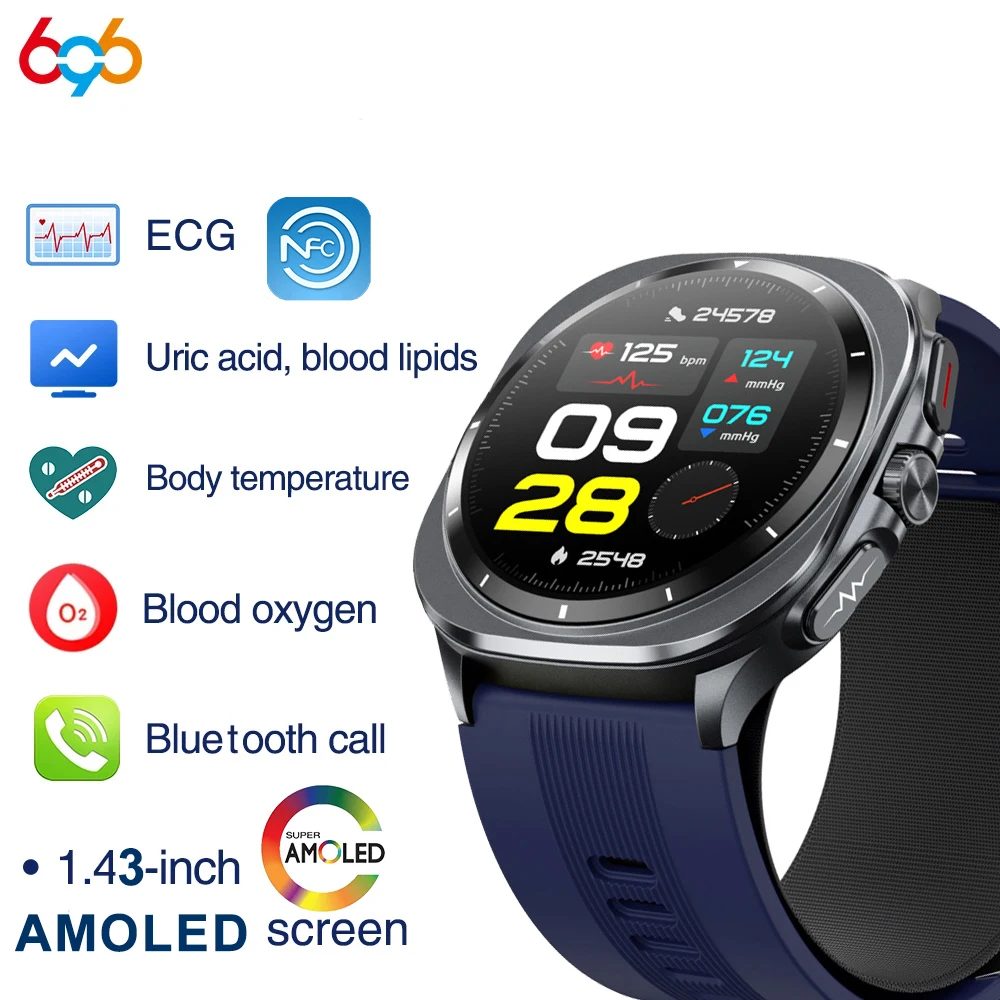 

Air Pump Airbag Blood Pressure ECG PPG Health Uric Acid Sports Men Women Smartwatch Blue Tooth Call NFC SOS AMOLED Smartwatch