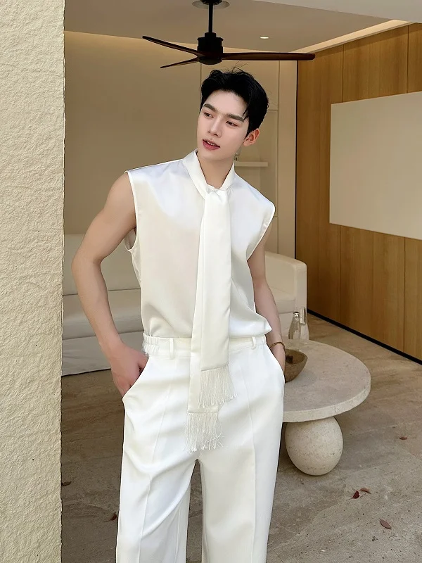 

Летний тренд, мужская атласная отделка с кисточками, повседневная одежда, молодежная сейчас, подставка подходит, чистый цвет, универсальная оuld...