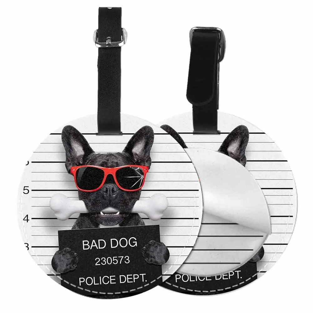 

1 Pack Funny French Bulldog PU Leather Travel Cruise Luggage Tag Red Glasses Holding Placard Bone in Mouth Guilty Baggage Ba