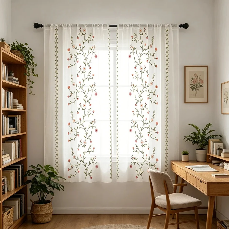 2PCS Digital Print Sheer Curtains, Flower Grass Branch Pattern, Fresh Natural Style for Living Room Bedroom Window Decor