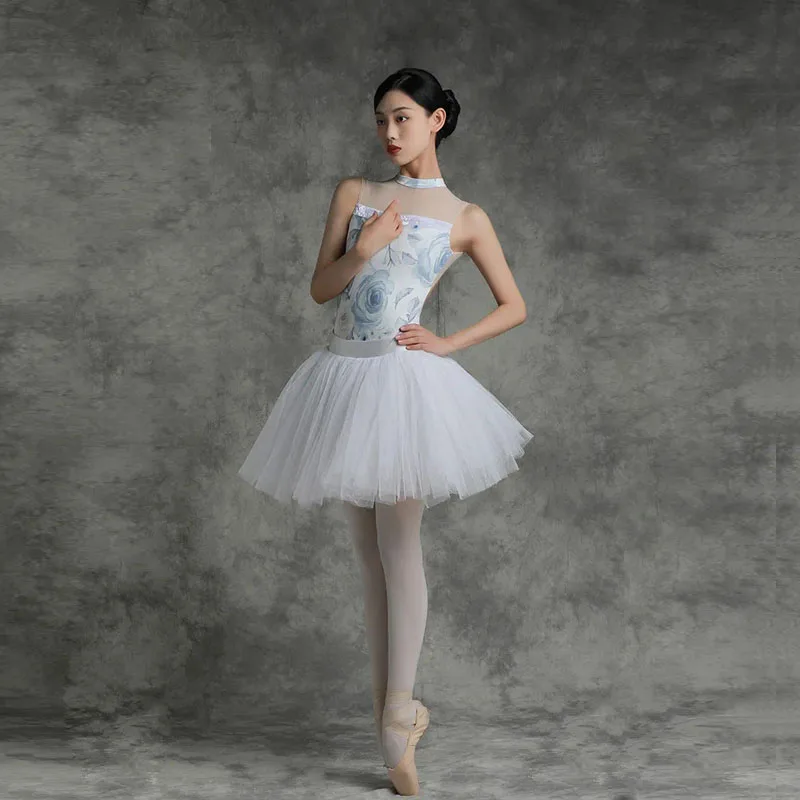 

Балетные трико с принтом, воротник-стойка, танцевальная одежда для взрослых, тренировочная танцевальная одежда, боди с высоким воротником и принтом, женский купальник-балерина