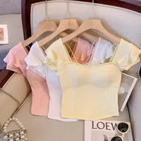 Korean Sle Versatile Design Square Collar ort Sve T-irt ow Body ape Ele Small Flng Sve Belly up Top - Image 5