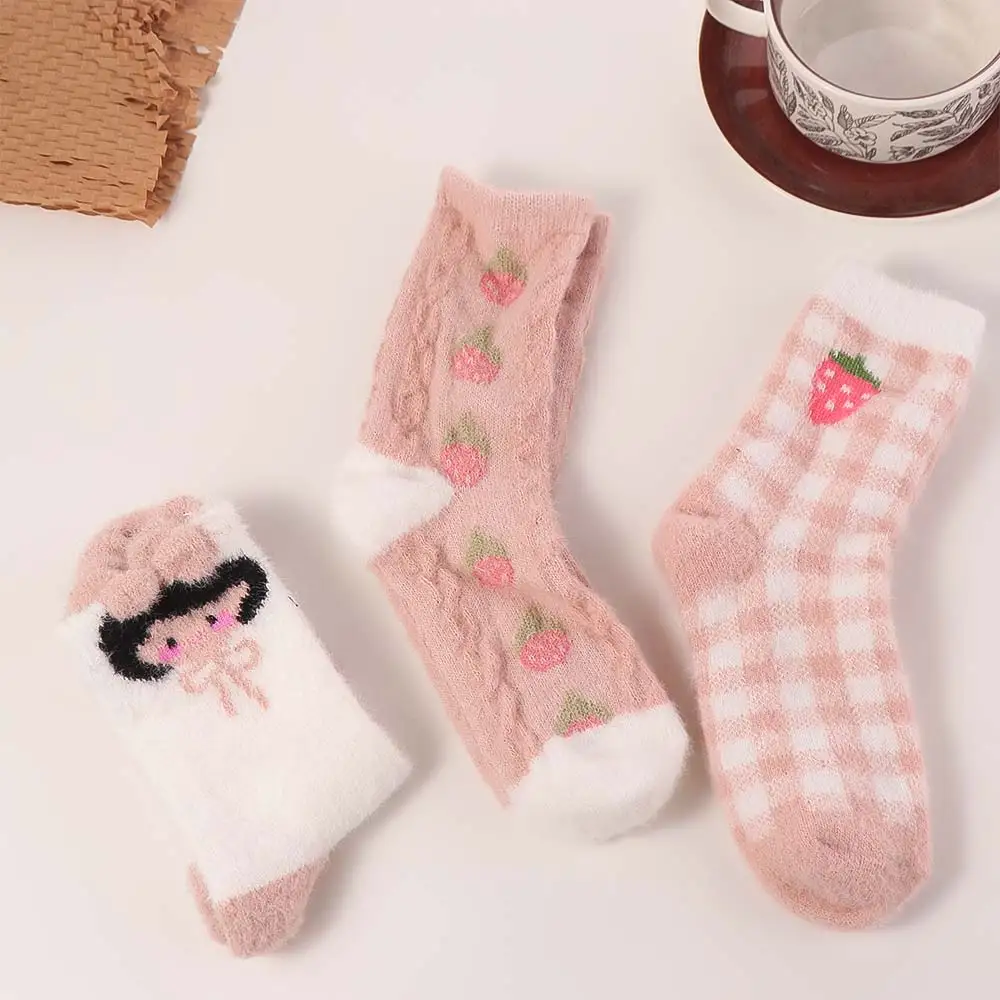 

3Pairs Sweet Cartoon Girl Mink Fur Socks Thicken Stripe Strawberry Plush Socks Warm Kawaii Winter Floor Socks Girls
