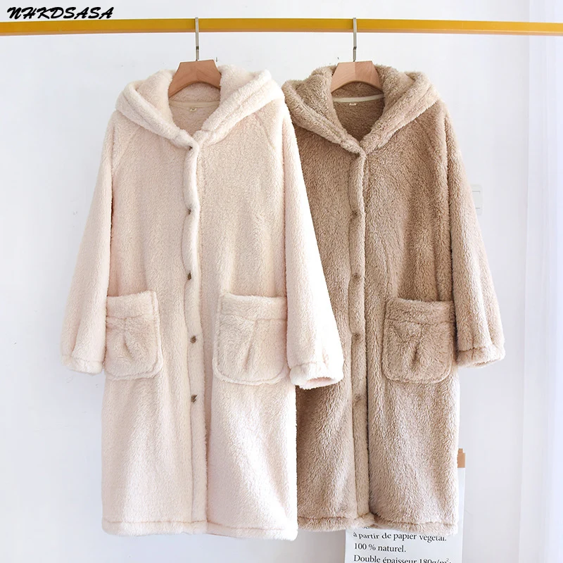 Autumn and Winter Flannel Robe for Women Nightgown Thickened Sleepwear Warm Japanese Solid Color Long-haired Home Service Pajama