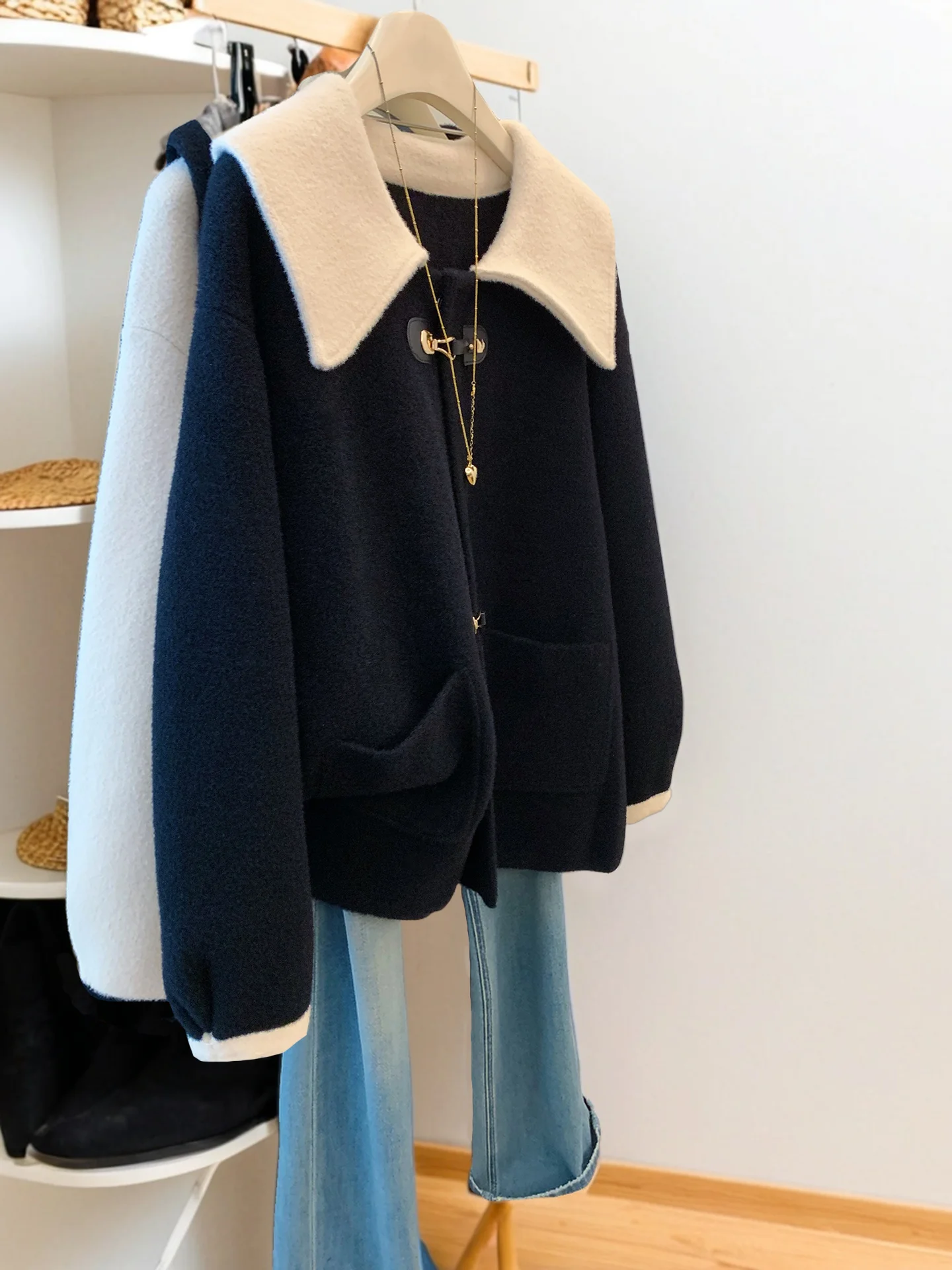 

Свободное шерстяное пальто женское осенне-зимнее в корейском стиле с воротником-стойкой, модная короткая куртка