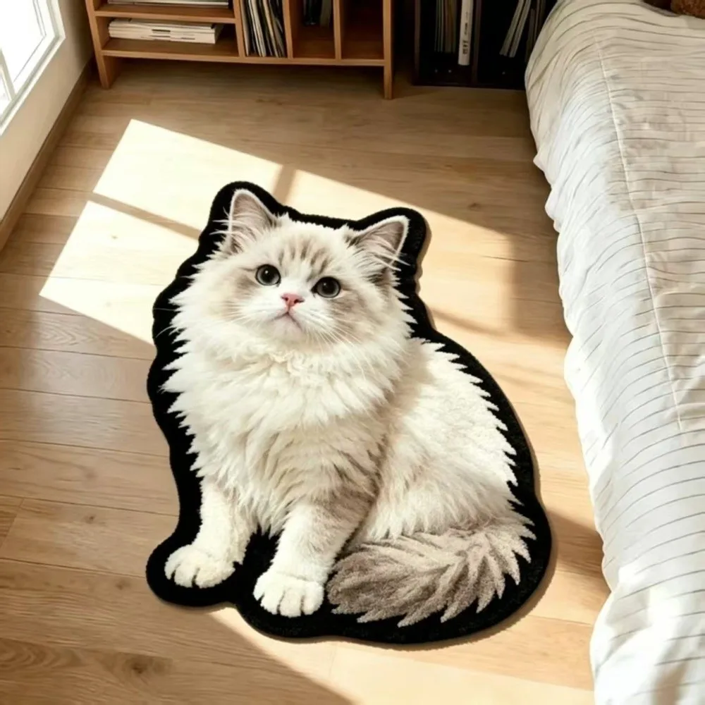 Cute Crystal Velvet Cat-Shaped Area Rug 2D Non-Slip Bathroom Carpet Washable Soft Bedside Door Mat Home Decor