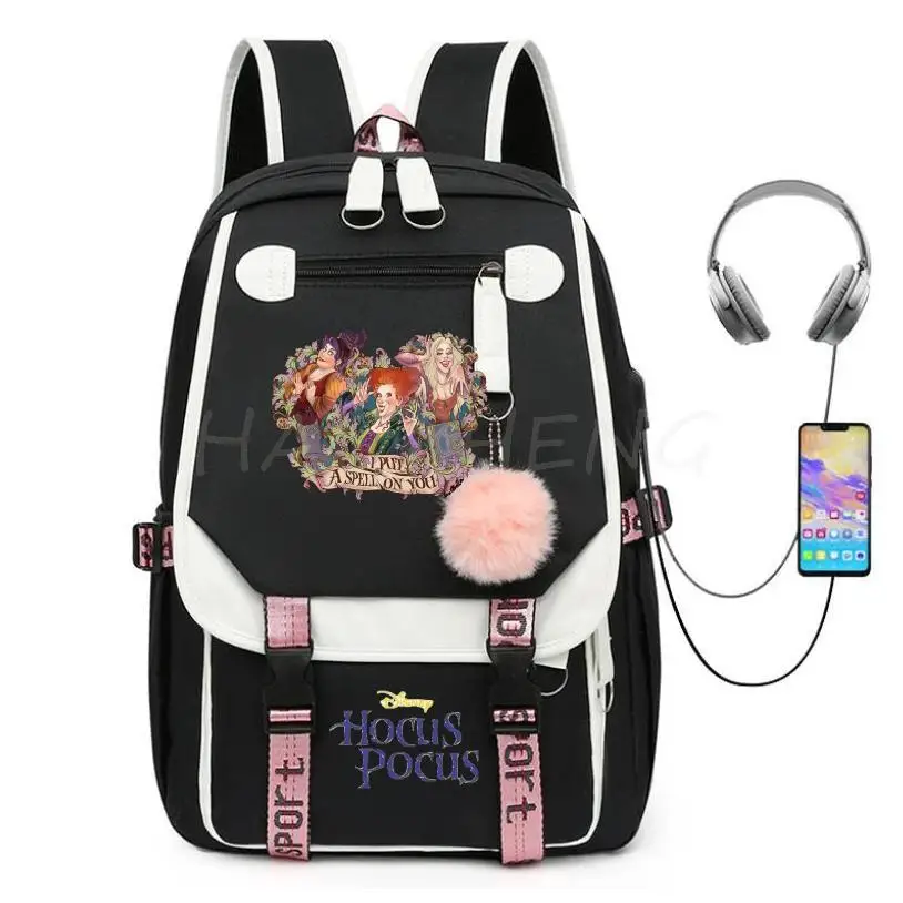 Disney Hocus Pocus 2 zaino da donna borse da scuola per studenti delle scuole superiori ricarica USB da donna grande capacità quotidiana Mochila