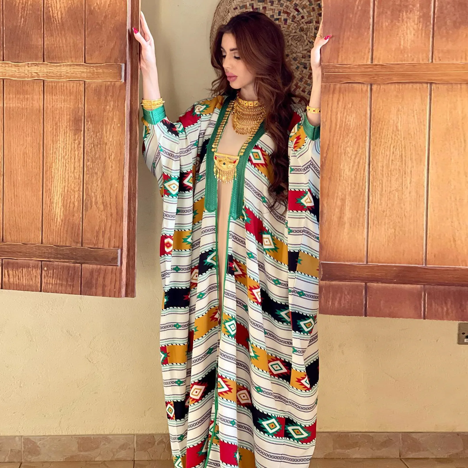 Muslim Summer Luxury Fashion Versatile High Quality Women's Clothing Striped Bat Sleeve Vest Coat Two Piece Set Dress