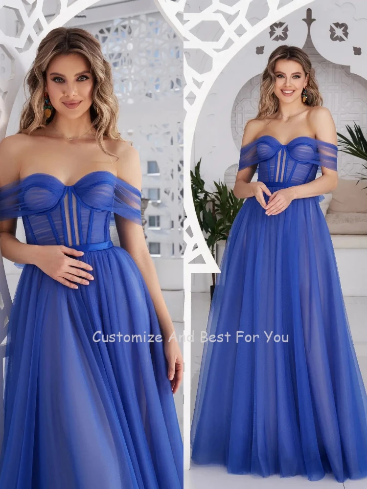 Bafftafe Simple Blue Soft Tulle Long Prom Dresses Off The Shoulder Formal Party Dress Bones Pleated Special Event Evening Gowns