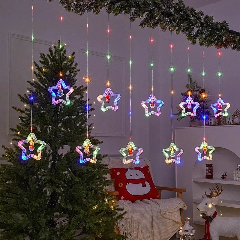 Multicolor Star Curtain String Lights USB Powered Christmas Garland for Window Bedroom Party Home Decor Xmas Tree Indoor Outdoor