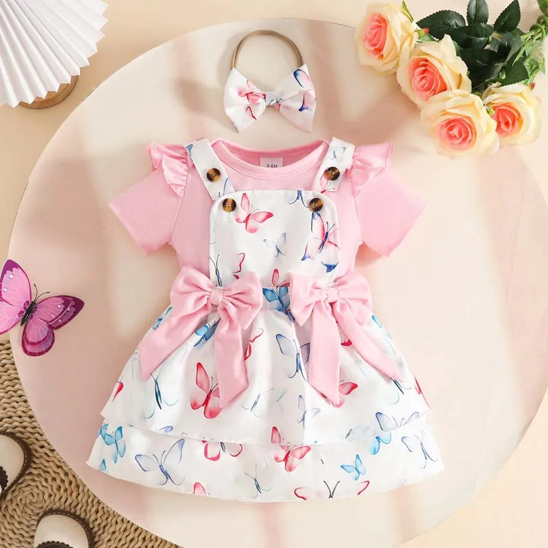 Baby Girl Clothing 3Piece Outfits 0-18Months Short Sleeve Pink Bodysuits+Butterfly Print Skirts+Headband Summer Newborn Girl Set