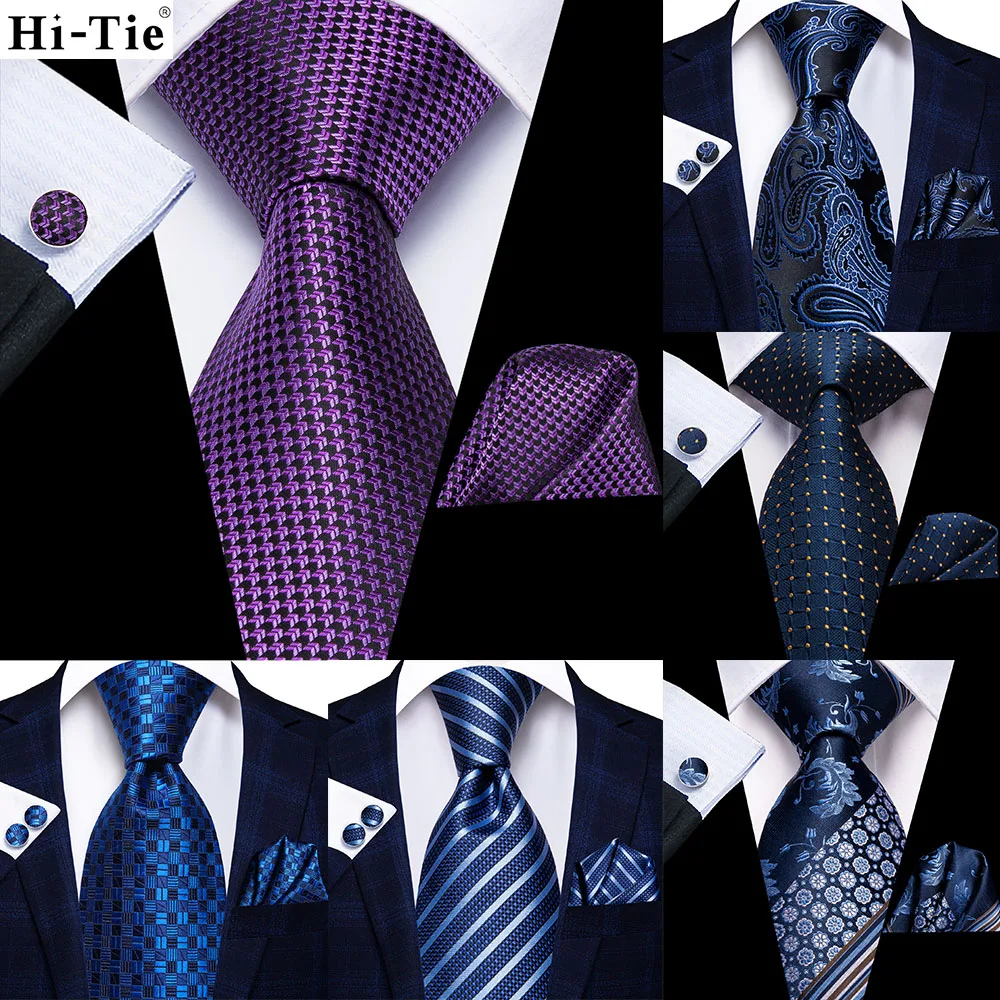 

Hi-Tie Purple Black Novelty 63inch Silk Men Extra Long Ties for Men Woven Classic 160cm Men Necktie Pocket Square Set Cufflinks