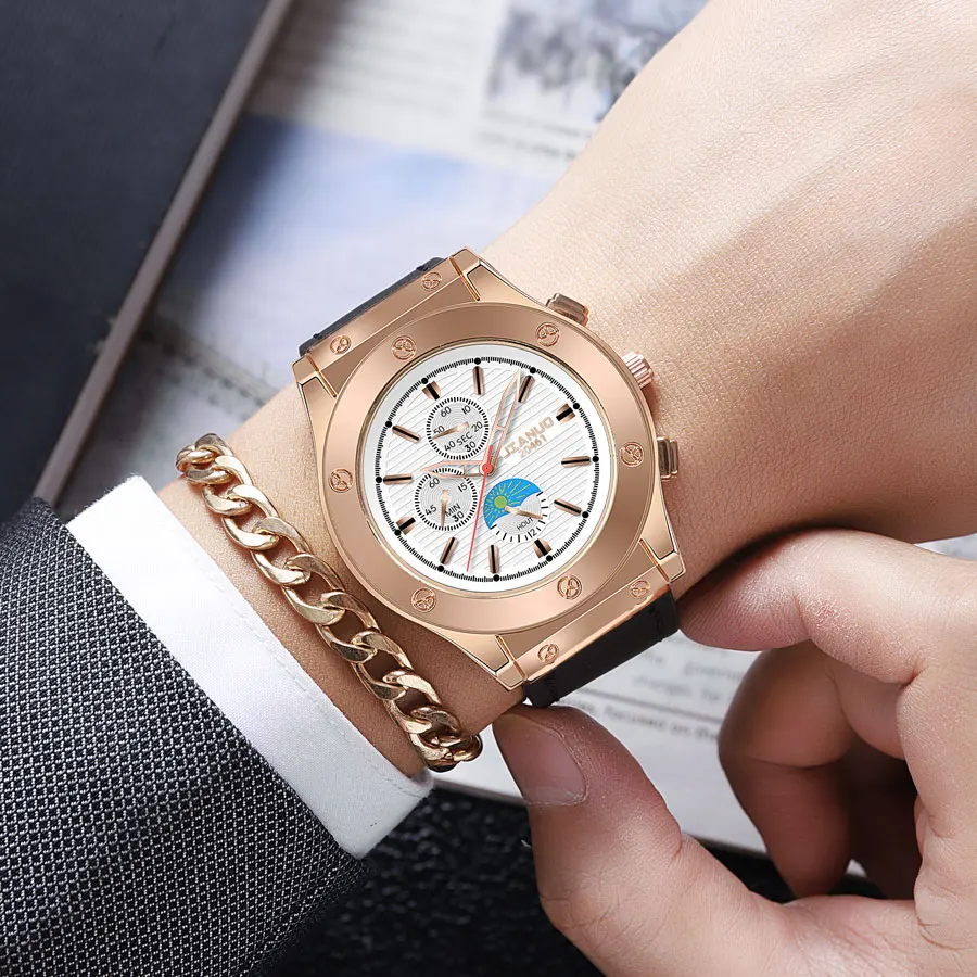Fashion trend JIANUO brand large dial men\'s leather strap watch casual scale rose gold men\'s quartz watch