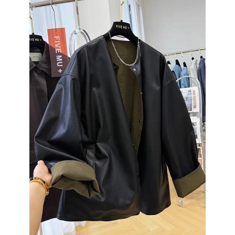 

ex Loose Fit Double-Sided Wear PU Leather Jaet for Autumn Winter Large Size 300 Pou Korean Sle Chic Lazy Faion