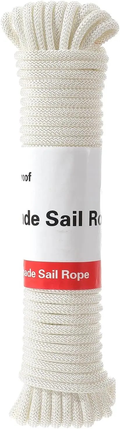 50ft White Diamond Braid Polyester Rope for Outdoor Sun Shade, Camping & Sailing - All-Purpose Tie-Down