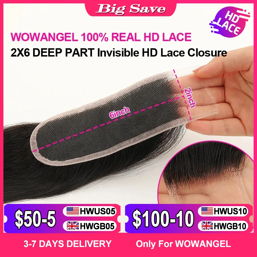 

WOWANGEL 2x6 Deep Parting HD Lace Closure Frontal Only Melt Skin Straight Hair Kim K Closure Pre Plucked Virgin Hair For Woman