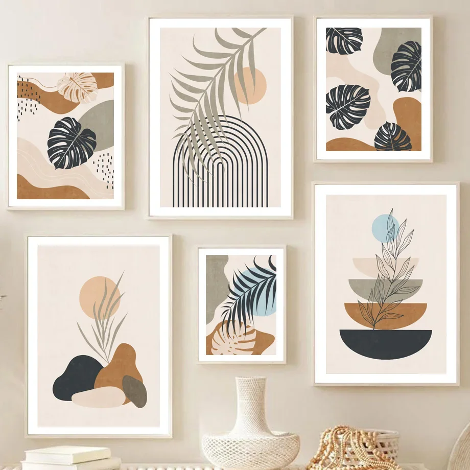 

Boho Leaves Sun Line Geometry Color Block Canvas Wall Art Nordic Living Room Decor Poster Print Modern Abstract Picture