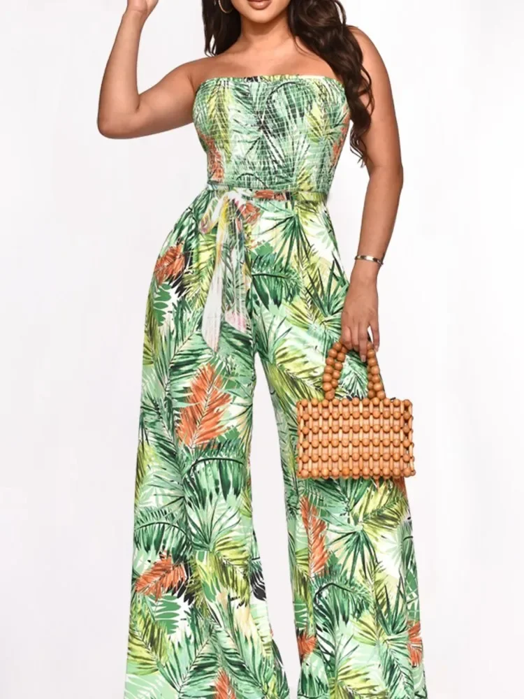 

Summer Popular Strapless Wide Painted Print Casual Resort Jumpsuit Print Beach Holiday Bandanna Flower Strapless Suit Romper
