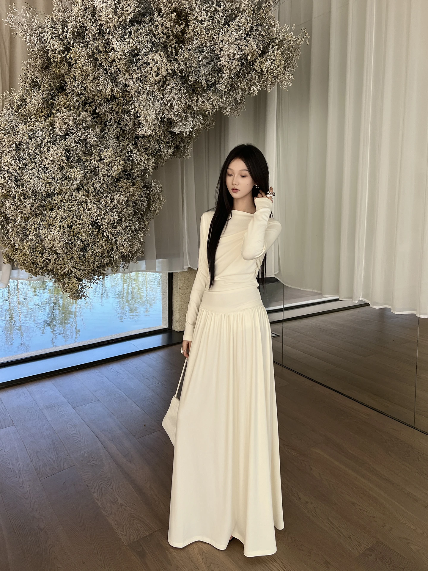 

SUYE French Sle Knitted Woolen Ballet Dr Women's High Ne Long Sve Dr Soft Cotton Wool Blend Spring Dr