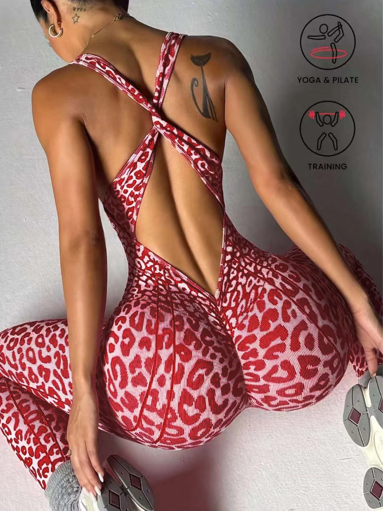 Nahtloser Damen-Jumpsuit mit Leopardenmuster, überkreuztem Rücken, Po-Lifting-Effekt, Yoga-Bodysuit, hochelastischer Workout-Fitness-Catsuit – Detail 14