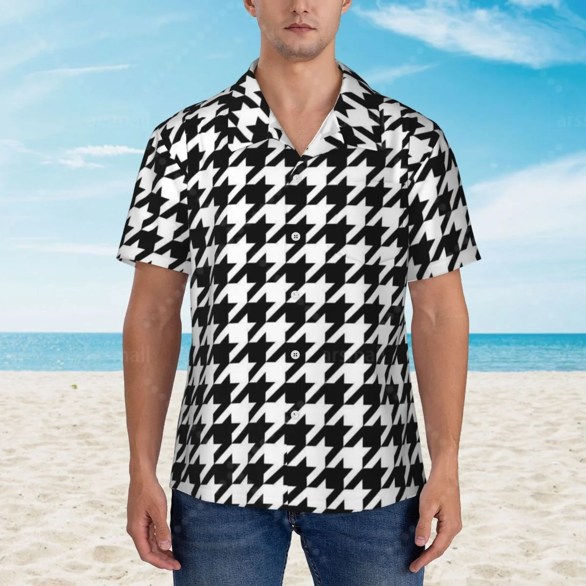 

Colorful Houndstooth Hawaiian Shirt Men Short Sleeve Casual Floral Print Beach Shirt Summer Vacation Shirt