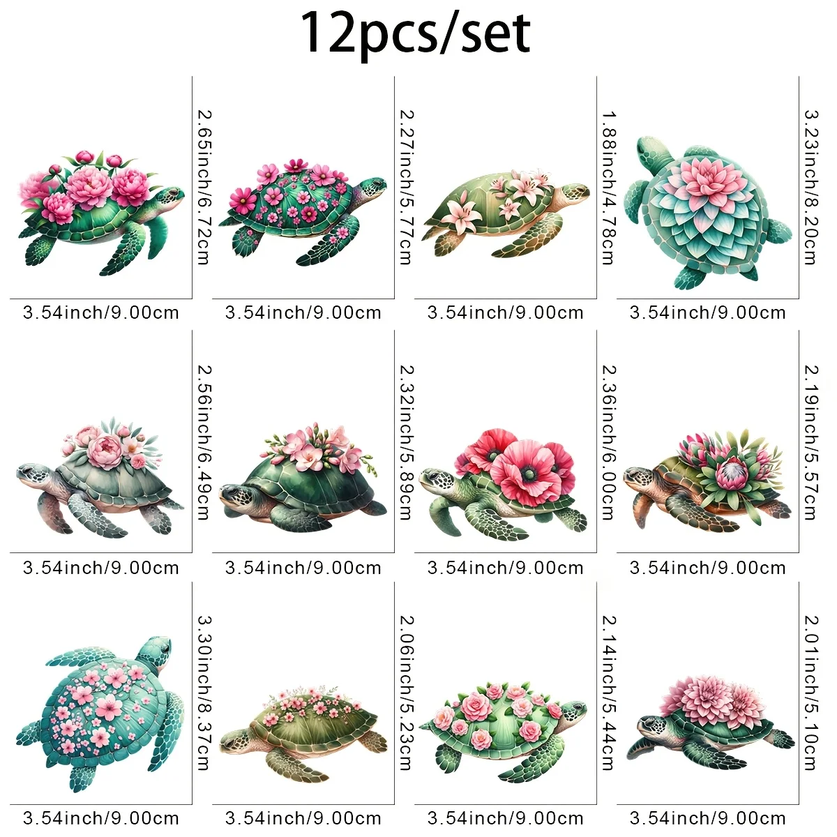 12pcs turtle iron-on transfer stickers, DTF heat transfer stickers, washable and durable stickers, multi-color plastic material, for DIY T-shirts, masks, jeans, and backpacks